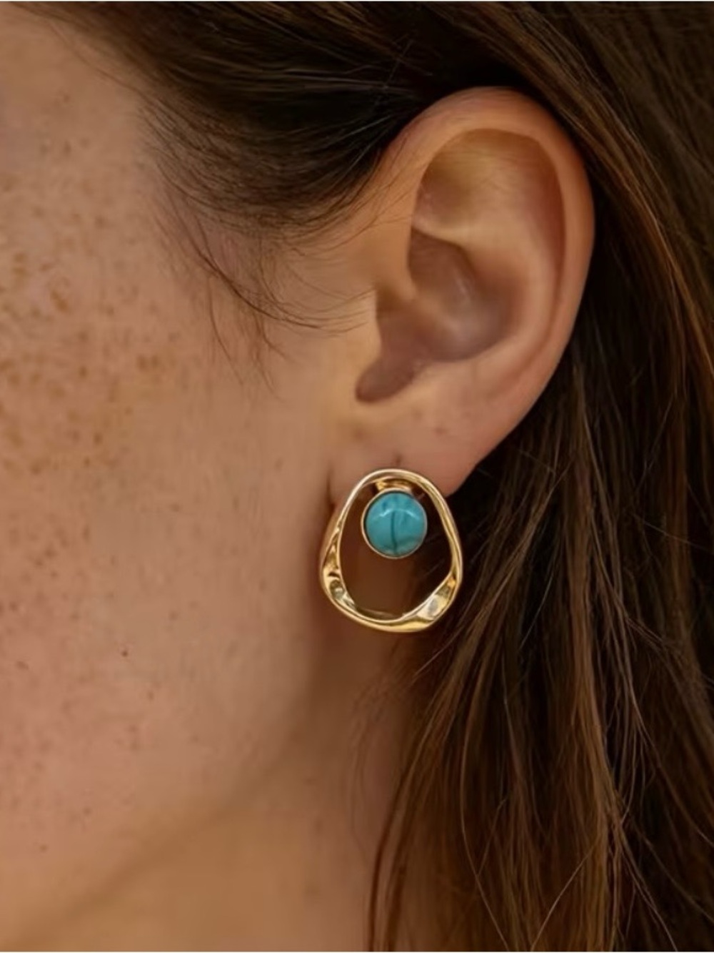 Gold Tone Hoop Earrings with Turquoise Cabochon